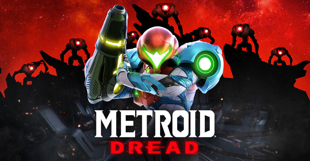 Capa do jogo Metroid Dread com a pesonagem principal centralizada em posição de luta e o nome do jogo Metroid Dread