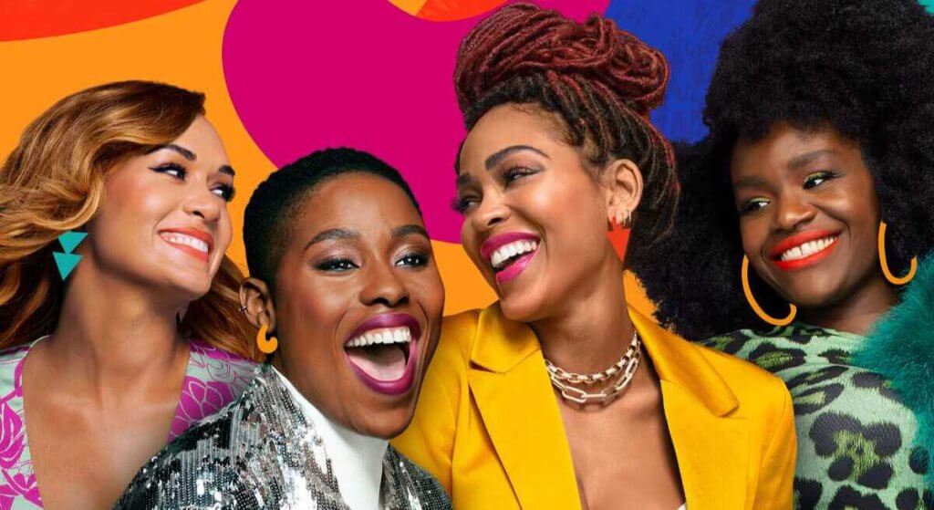 Grace Byers, Jerrie Johnson, Meagan Good e Shoniqua Shandai sorridentes em poster da série Harlem