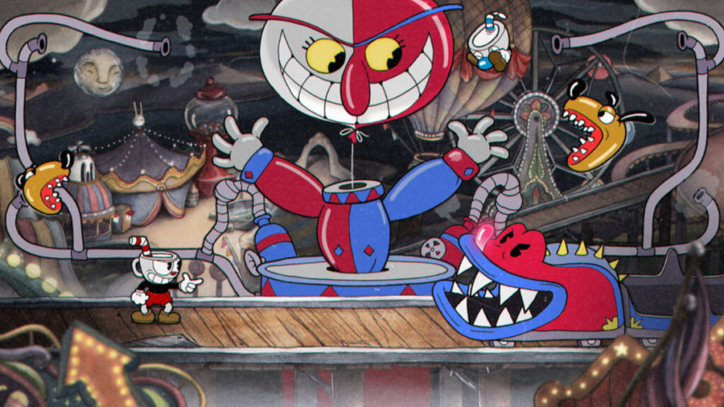 Game play do jogo Cuphead onde um dos personegns enfrenta um vagão com garras e uma palhaço com cabeça de balão